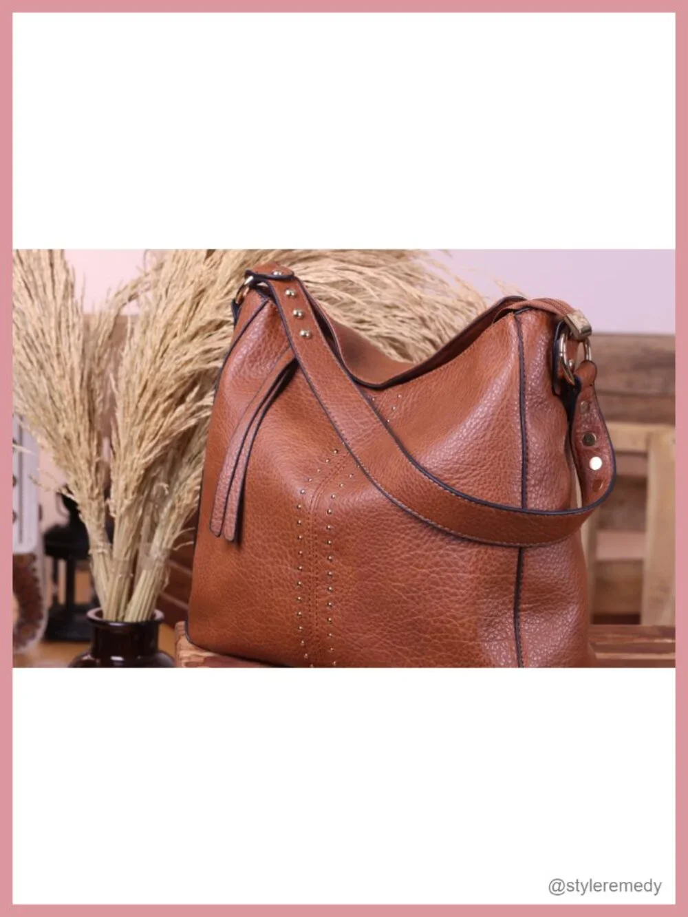 PU Leather Hobo Crossbody Bag with Studs, Zip Closure, Detachable Strap